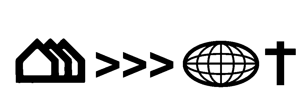 picture shows houses and arrows pointing to a globe and a cross in black